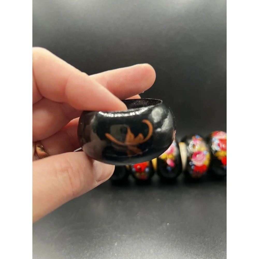 Set of 6 Russian Hand-Painted Wooden Napkin Rings Black Lacquered Roses Flowers